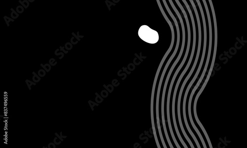 Wave parallel lines and abstract shapes. Meditation zen garden top view or life balance vector illustration. Black volcano sand and pebble.