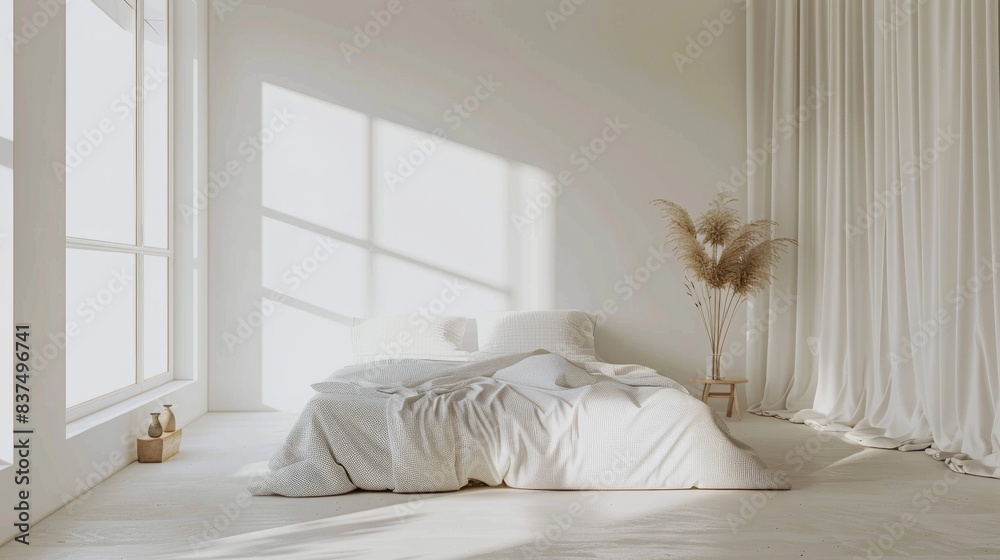 A serene and minimalist bedroom with white walls and neutral decor, offering a tranquil and restful retreat for relaxation and rejuvenation. A serene and minimalist bedroom with white walls and neutral decor, offering a tranquil and restful retreat for relaxation and rejuvenation.