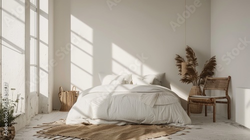 A serene and minimalist bedroom with white walls and neutral decor, offering a tranquil and restful retreat for relaxation and rejuvenation.