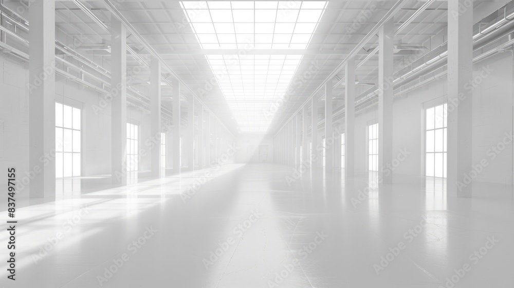 Industrial white warehouse with high ceilings and an empty floor plan, surrounded by a uniform white background Industrial white warehouse with high ceilings and an empty floor plan, surrounded by a uniform white background