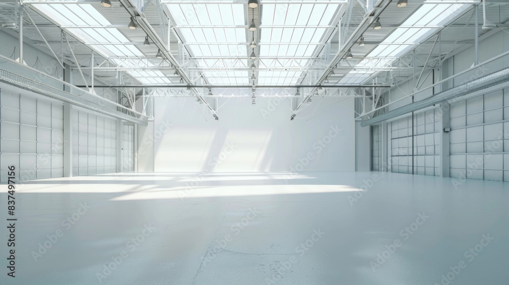 Industrial white warehouse with high ceilings and an empty floor plan, surrounded by a uniform white background Industrial white warehouse with high ceilings and an empty floor plan, surrounded by a uniform white background
