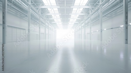 Industrial white warehouse with high ceilings and an empty floor plan, surrounded by a uniform white background photo