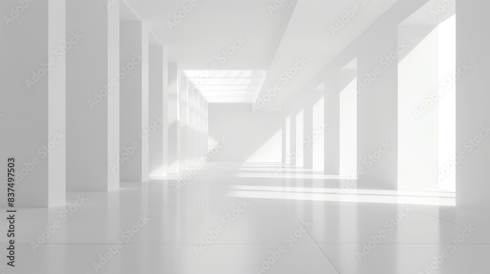 Fototapeta premium Abstract minimalist design with smooth white architectural forms and large empty spaces.