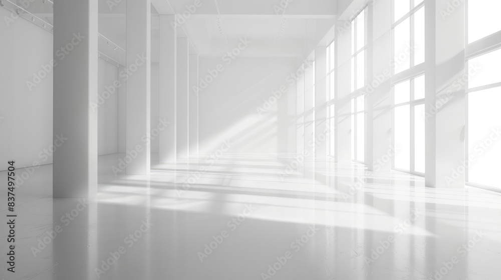 Fototapeta premium Abstract minimalist design with smooth white architectural forms and large empty spaces.