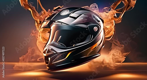 Shiny full face motorcycle helmet on black background with smoke. Advertising concept photo