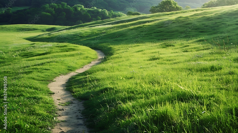 a dirt path winds through a lush green field, flanked by a towering tree a dirt path winds through a lush green field, flanked by a towering tree