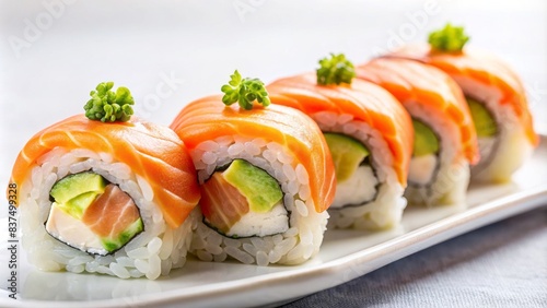  This is a photo of a plate of sushi. There are five pieces of sushi, each with a different topping. The sushi is arranged on a white plate. The background is white.  photo