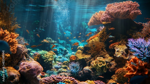 An underwater coral reef ecosystem monitored by AI underwater drones  safeguarding marine biodiversity. 32k  full ultra HD  high resolution