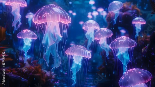 Mesmerizing Bioluminescent Jellyfish Swarm in Otherworldly Underwater Seascape © pisan thailand