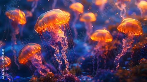 Mesmerizing Bioluminescent Jellyfish Swarm in Vibrant Underwater Scene of Otherworldly Beauty and Natural Wonder © pisan thailand