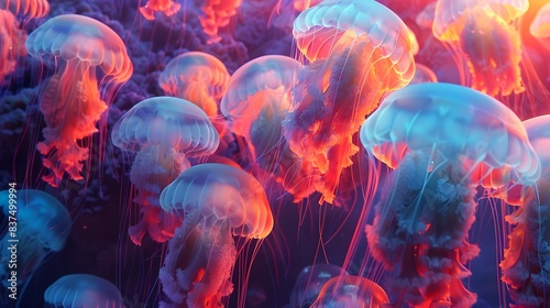 Mesmerizing Jellyfish Swarm in Neon Underwater Dreamscape Ethereal Bioluminescent Marine Life in Vibrant Psychedelic Colors © pisan thailand