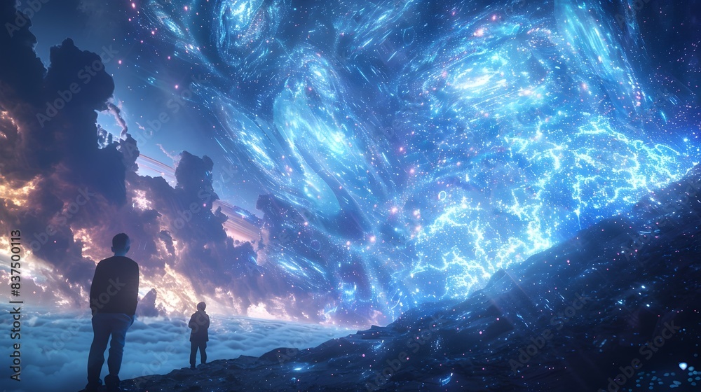 Fototapeta premium Lone Figure Gazes into Captivating Celestial Landscape