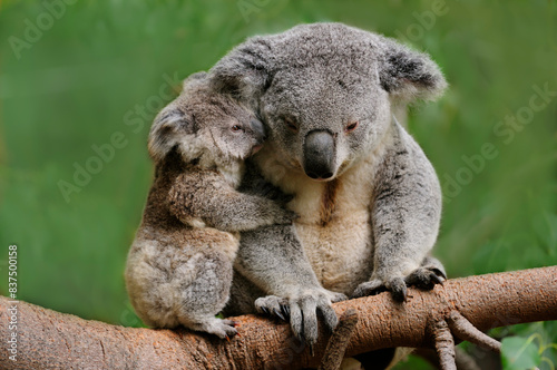 Koala baby hanging onto mom