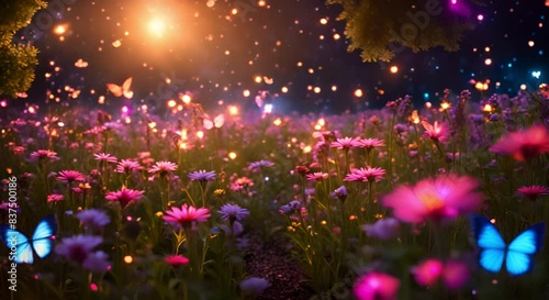 Blooming fantasy flower garden with glowing butterflies and fireflies.