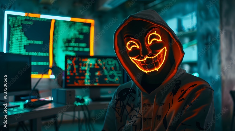 Hooded Figure Silhouette Manipulating Computer Screens Amid Cybersecurity Threat Hooded Figure Silhouette Manipulating Computer Screens Amid Cybersecurity Threat