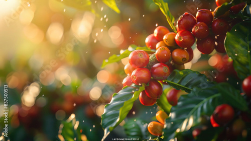 coffee seed branch amidst green leaves, portraying vibrant garden harvest