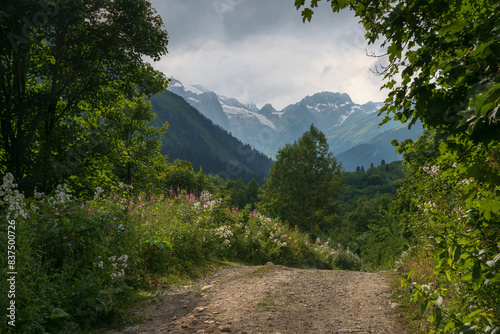 View of the Dombay-Ulgen gorge in the mountains of the North Caucasus and the trail to the Chuchkhur waterfall near the village of Dombay on a sunny summer day, Karachay-Cherkessia, Russia photo