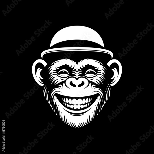 editable silhouette of smiling chimpanzee monkey wear bowler hat