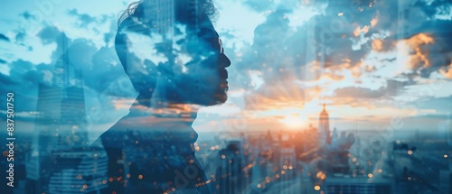 Silhouette of Man Overlaid with City and Sunset. photo