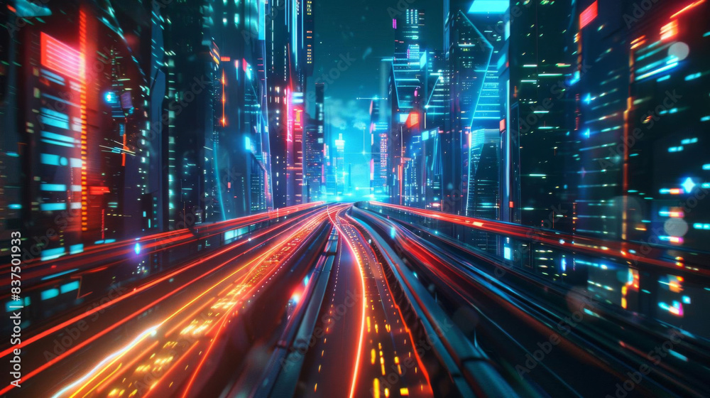A highspeed train moving through a futuristic cityscape at night, leaving a vibrant light trail, ultradetailed, dynamic motion, highresolution A highspeed train moving through a futuristic cityscape at night, leaving a vibrant light trail, ultradetailed, dynamic motion, highresolution