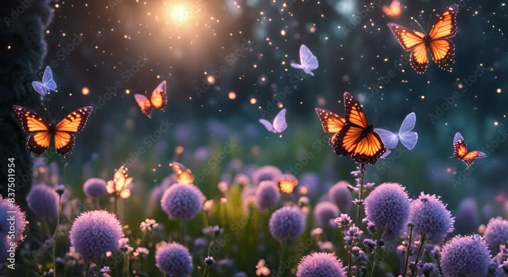 Blooming fantasy flower garden with glowing butterflies and fireflies.