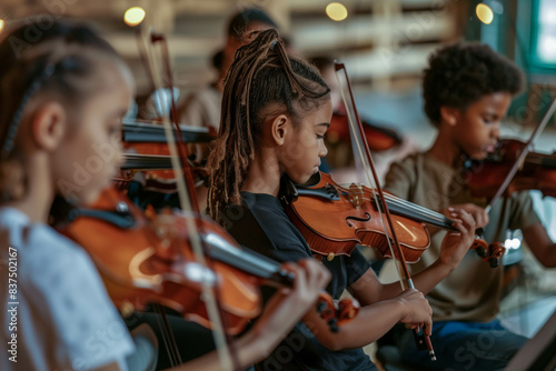 Diverse group of children playing violins in music class