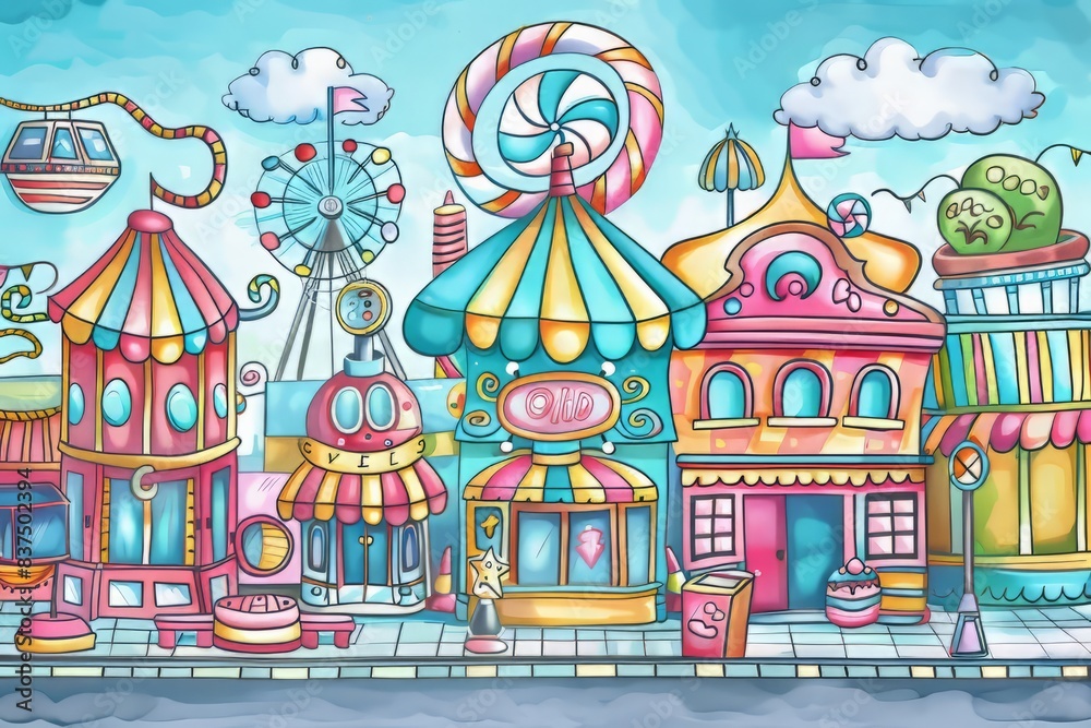 Cartoon cute doodles of a colorful carnival street with rides, games, and cotton candy, Generative AI