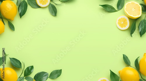 Light green background with lemons and leaves on the edge © jiejie