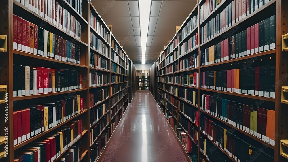a symmetrical view down the center aisle of a library, with bookshelves on both sides filled with books, the perspective draws the eye towards a vanishing point at the center, generate by AI a symmetrical view down the center aisle of a library, with bookshelves on both sides filled with books, the perspective draws the eye towards a vanishing point at the center, generate by AI