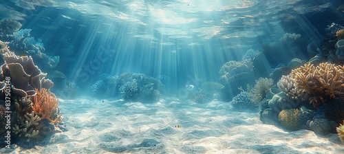 Shiny underwater seabed with coral reft. Marine wildlife nature panorama. Generative AI technology.	
 photo