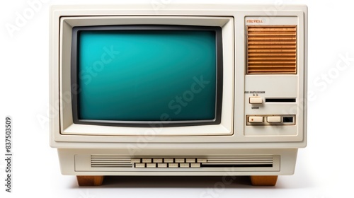 An old computer monitor sits on a white background