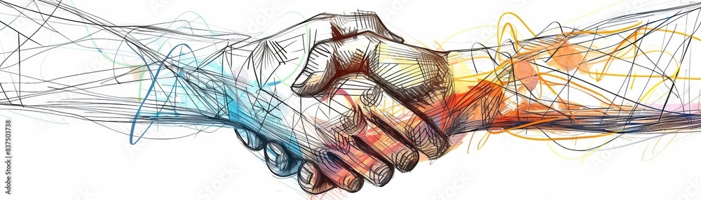 Vibrant 4K image emphasizing the merging of different perspectives through a handshake drawing in varied line styles Vibrant 4K image emphasizing the merging of different perspectives through a handshake drawing in varied line styles