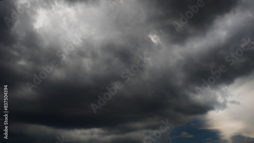 Dramatic dark storm thundercloud rain clouds on black sky background. Dark thunderstorm clouds rainny landscape. Meteorology danger windstorm disaster climate. Dark cloudscape storm disaster gray sky