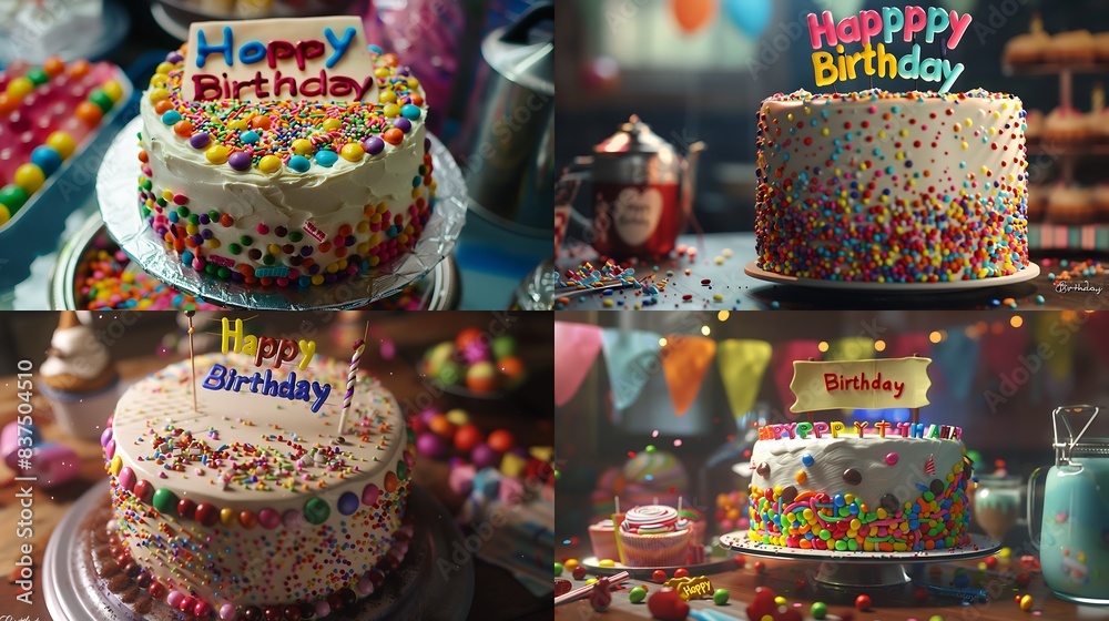 A fun birthday cake with rainbow sprinkles, colorful candies, and a festive 