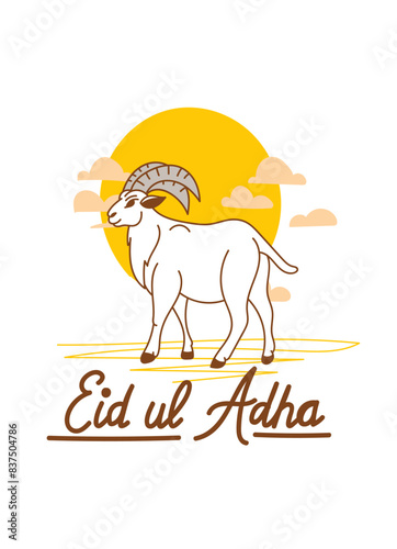 Doodle Muslim holiday Eid al-Adha. the sacrifice a ram or white and black sheep. graphic design decoration kurban bayrami. month lamb and a lamp.Translation from Arabic: Eid al-Adha