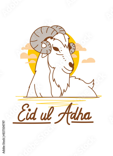 Doodle Muslim holiday Eid al-Adha. the sacrifice a ram or white and black sheep. graphic design decoration kurban bayrami. month lamb and a lamp.Translation from Arabic: Eid al-Adha