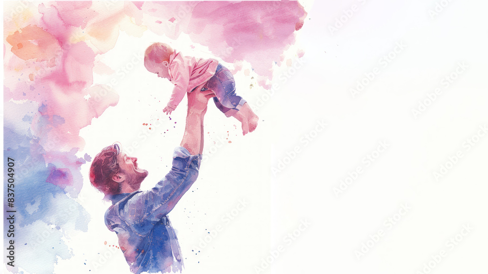 Fototapeta premium Pink watercolor paint of A father playing lift with new born baby kid