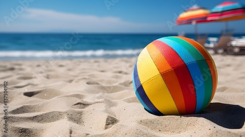 Rainbow Beach Ball and Multicolored Flip Flops on Soft Sand with Tranquil Ocean View photo