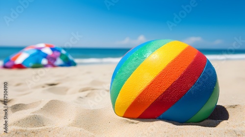 RainbowHued Beach Ball and Multicolored Flip Flops on Soft White Sand photo