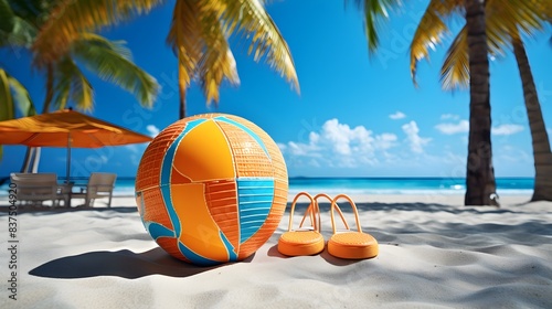 Vibrant Orange Beach Ball and Flip Flops on Tropical Beach photo