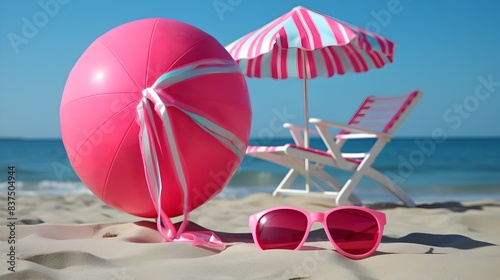 Cheerful Beach Arrangement of Neon Pink and Blue Flip Flops with a Beach Ball on SunDrenched White Sand and Azur Waters photo