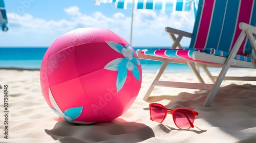 Cheerful Neon Beach Ball and Flip Flops on Sundrenched Sand and Azure Waters photo