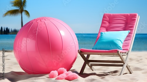 Cheerful Neon Beach Ball and Flip Flops on SunDrenched Sand and Azure Waters photo
