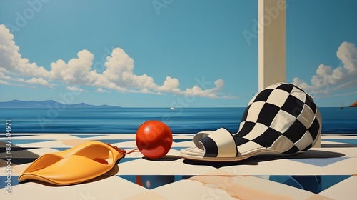 Playful Still Life with Polka Dot Beach Ball and Checkered Flip Flops in Soft Golden Sand by the Serene Ocean photo