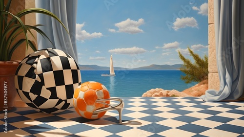 Playful Polka Dot Beach Ball and Checkered Flip Flops in Soft Golden Sand with Ocean Vista photo