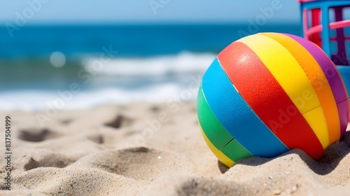 RainbowHued Beach Ball and Multicolored Flip Flops on Soft White Sand with Tranquil Ocean View photo