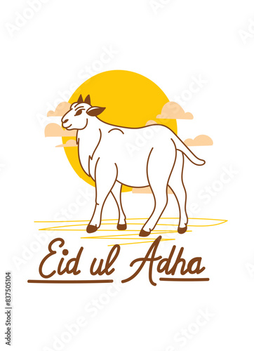 Doodle Muslim holiday Eid al-Adha. the sacrifice a ram or white and black sheep. graphic design decoration kurban bayrami. month lamb and a lamp.Translation from Arabic: Eid al-Adha