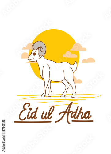 Doodle Muslim holiday Eid al-Adha. the sacrifice a ram or white and black sheep. graphic design decoration kurban bayrami. month lamb and a lamp.Translation from Arabic: Eid al-Adha