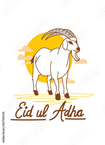 Doodle Muslim holiday Eid al-Adha. the sacrifice a ram or white and black sheep. graphic design decoration kurban bayrami. month lamb and a lamp.Translation from Arabic: Eid al-Adha