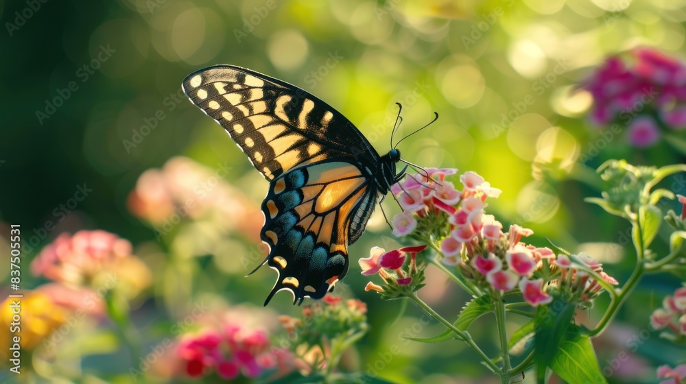Obraz premium A butterfly is flying over a field of flowers